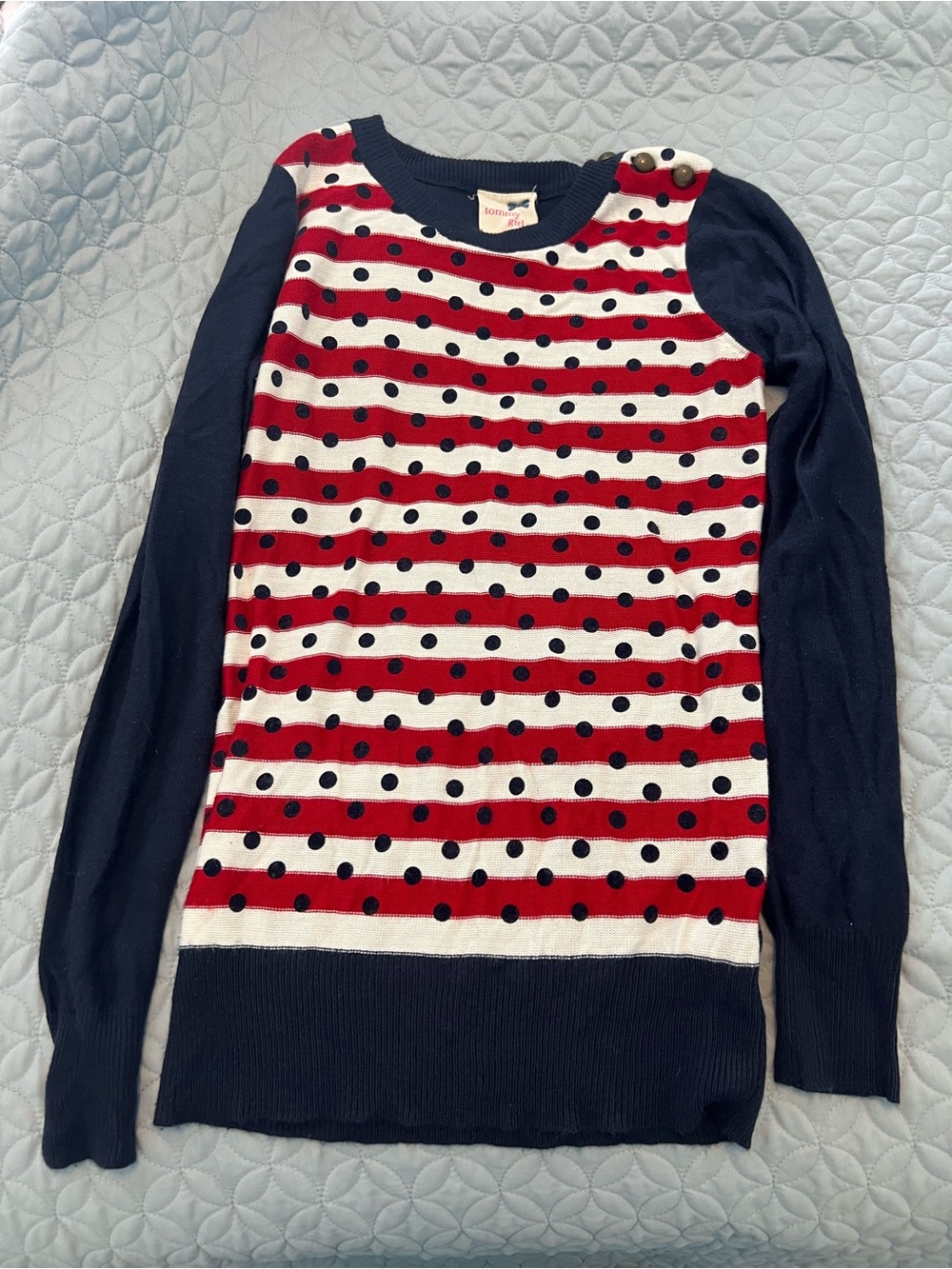 Tommy Hilfiger Red, White & Navy Polka Dot Stripe Crewneck Sweater